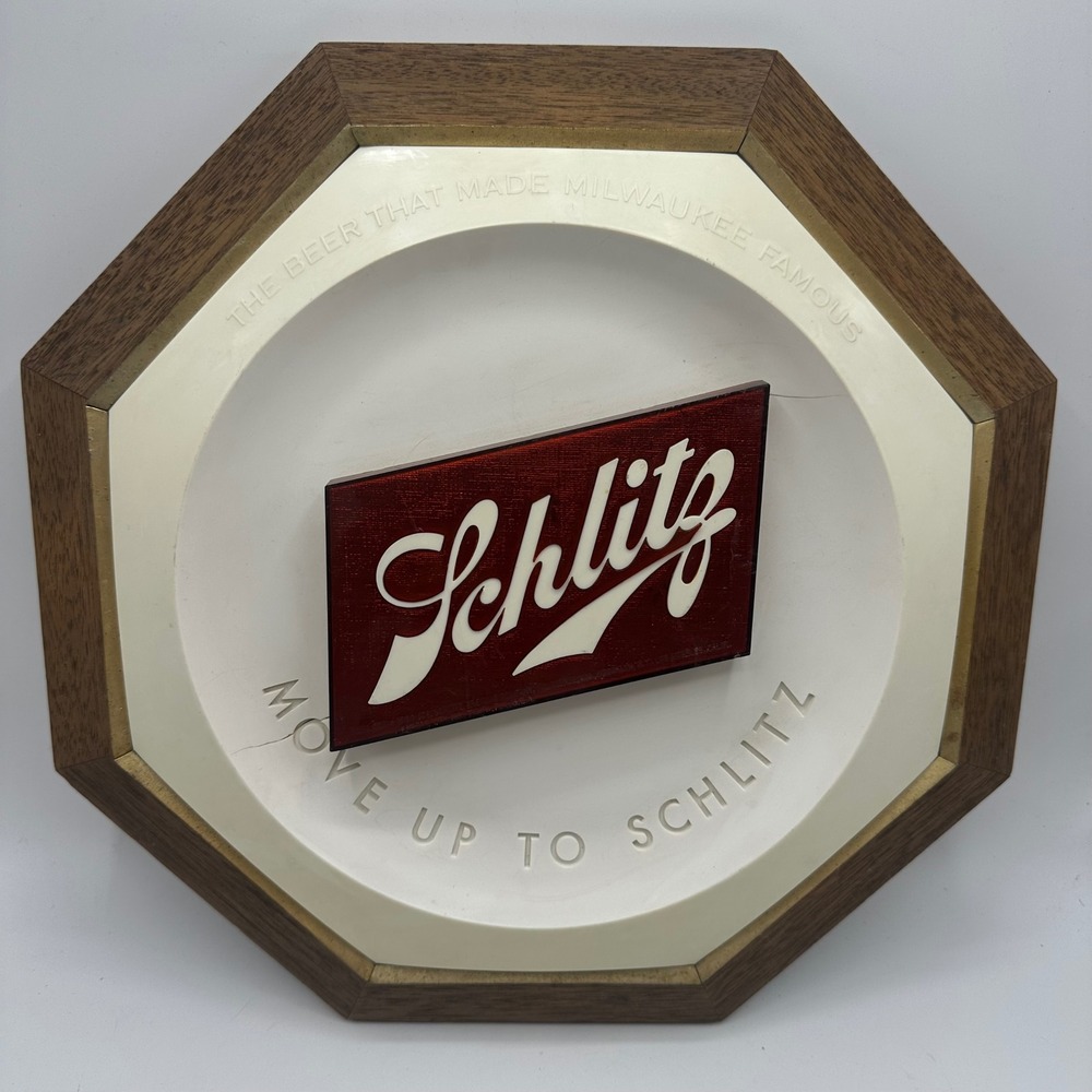 Vintage 1970s Schlitz Beer Octagon Sign Move Up To Schlitz Wood Frame 3D 15 x 15
